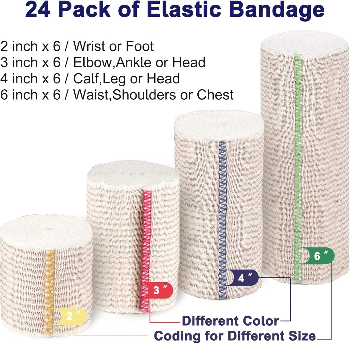 24 Pack Elastic Bandage Wrap (6x2”, 6x3, 6x4, 6x6) Compression Bandage Wrap with Hook and Loop Closure on Both Ends Self Adhesive Bandage Wrap for Sports, Medical, and Injury Recovery