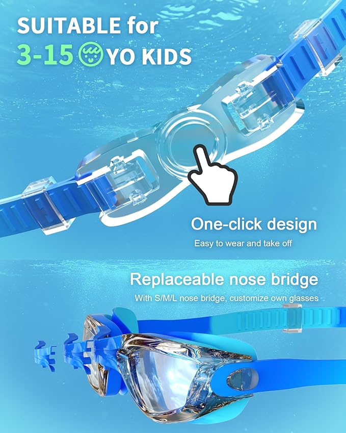 Kids Swim Goggles, Swimming Goggles for Kids with Nose Clip, Earplugs, Nose Bridge for Age 3-15