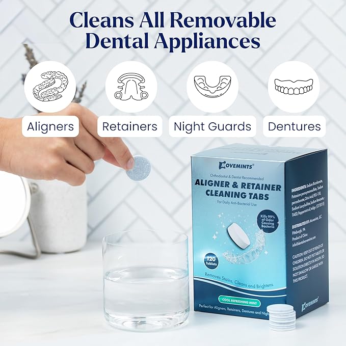 Movemints Cleaning Tablets for Aligners, Retainers, Dentures, Night Guard – Ultrasonic Compatible – Freshen Appliance and Remove Stains, Odors, and Plaque – Mint, 120 Count