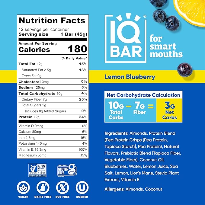 IQBAR Brain and Body Plant Protein Bars - Lemon Blueberry - 24-Count Low Carb - Gluten Free, High Fiber, Vegan Snacks - Low Sugar Meal Replacement