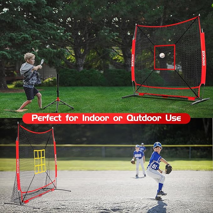 6x6ft Baseball & Softball Net for Hitting,Pitching and Batting, Throwing,Baseball net with Sturdy Bow Frame,Battting Tee,Strike Zone, Middle Size,Suitable for Kids!