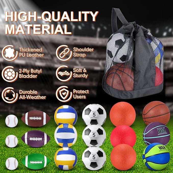 Leyndo 18 Pcs Sport Balls Bulk Set Basketball Football Volleyball Soccer Playground Baseball with Sport Equipment Bag Pump for Youth Adults Outdoor Indoor Practice Gift Back to School