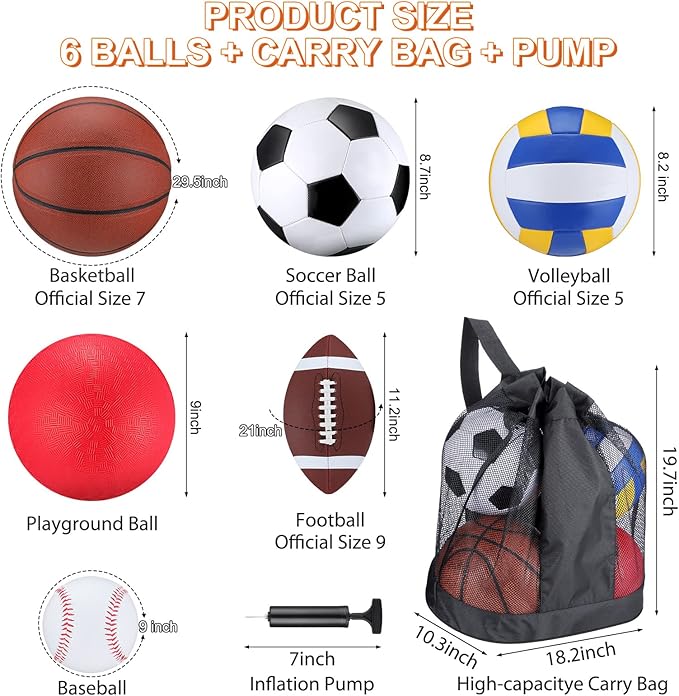 Libima 6 Pcs Multi Sport Ball Set Official Size Football, Basketball, Soccer, Volleyball, Playground Ball, Baseball with Sports Equipment Bag Pump for Teen Adult Christmas School Gift