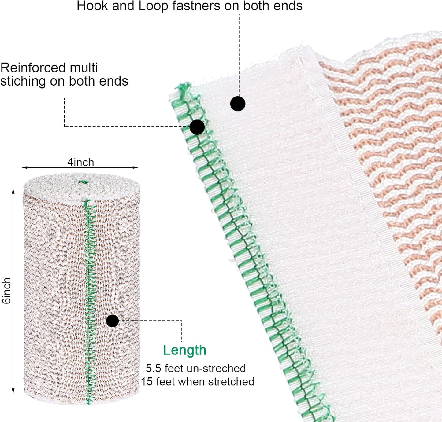 LEIFIDE 36 Pack Compression Bandage Wrap with Self Closure on Both Ends Elastic Bandage for Legs, Knees, Ankles, Wrists, Elbows, Shoulders, Athletic Stretchable Wrap(6 Inch,Green Trim)