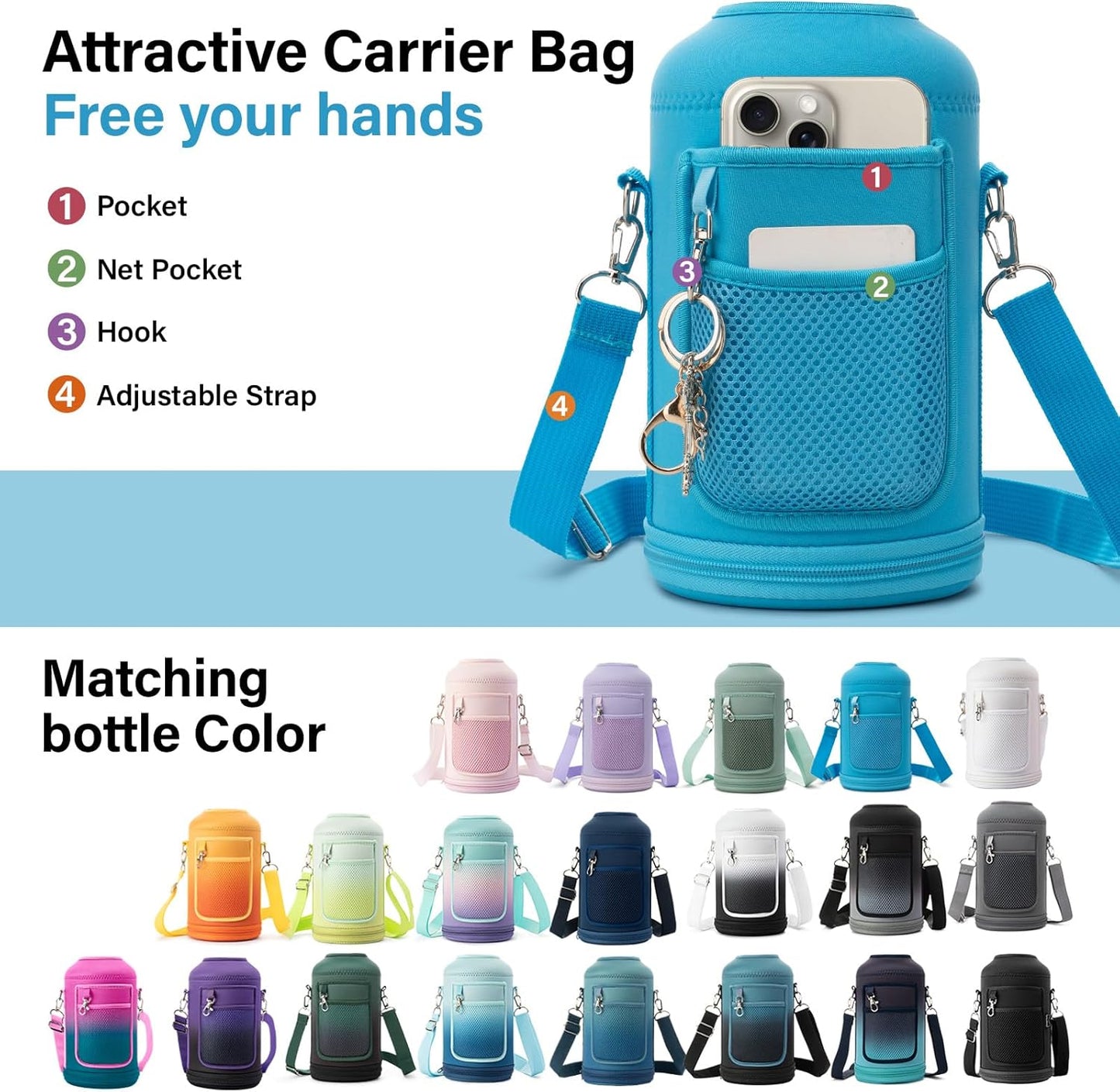 Insulated Water Bottle | Thickened Stainless Steel Vacuum Metal | Portable Sports Half Gallon Large Water Jug for Gym and Hiking with Straw, Carrier Bag, Handle Strap | BPA-Free 64 oz