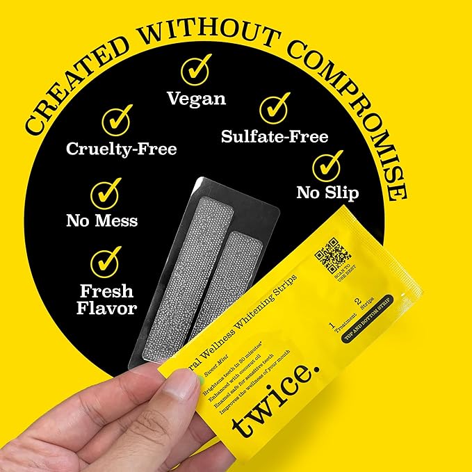 Twice Twice Teeth Whitening Strips – 20-Day Treatment, Coconut Oil Enhanced, No-Slip, Vegan, Easy to Use, Sweet Mint Flavor, Gentle Whitening Designed with Care for a Brighter Smile