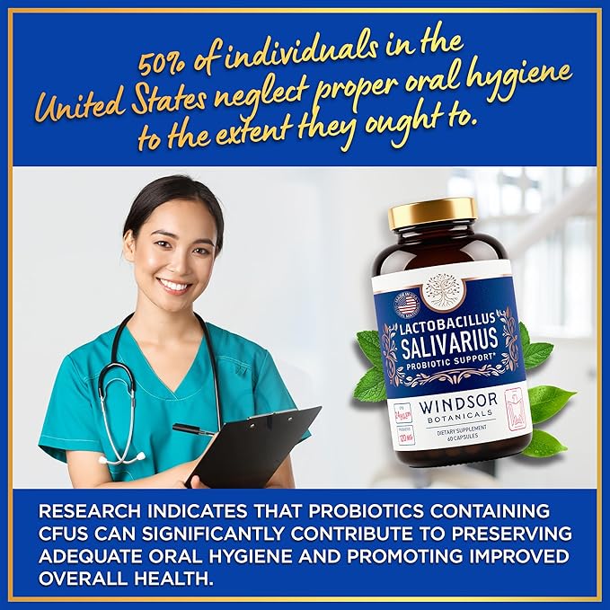 WINDSOR BOTANICALS Lactobacillus Salivarius Probiotic Capsules - L Salivarius Probiotic Oral Dental Probiotics for Bad Breath, Teeth and Gums Health and Immune Support - 24bn CFU, 2-Pack 120 Caps