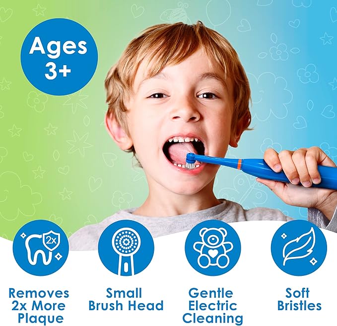 Brusheez Kids’ Electric Toothbrush Set - Safe & Effective for Ages 3+ - Parent Tested & Approved with Gentle Bristles, 2 Brush Heads, Rinse Cup, 2-Minute Timer, & Storage Base (Buddy The Bear)