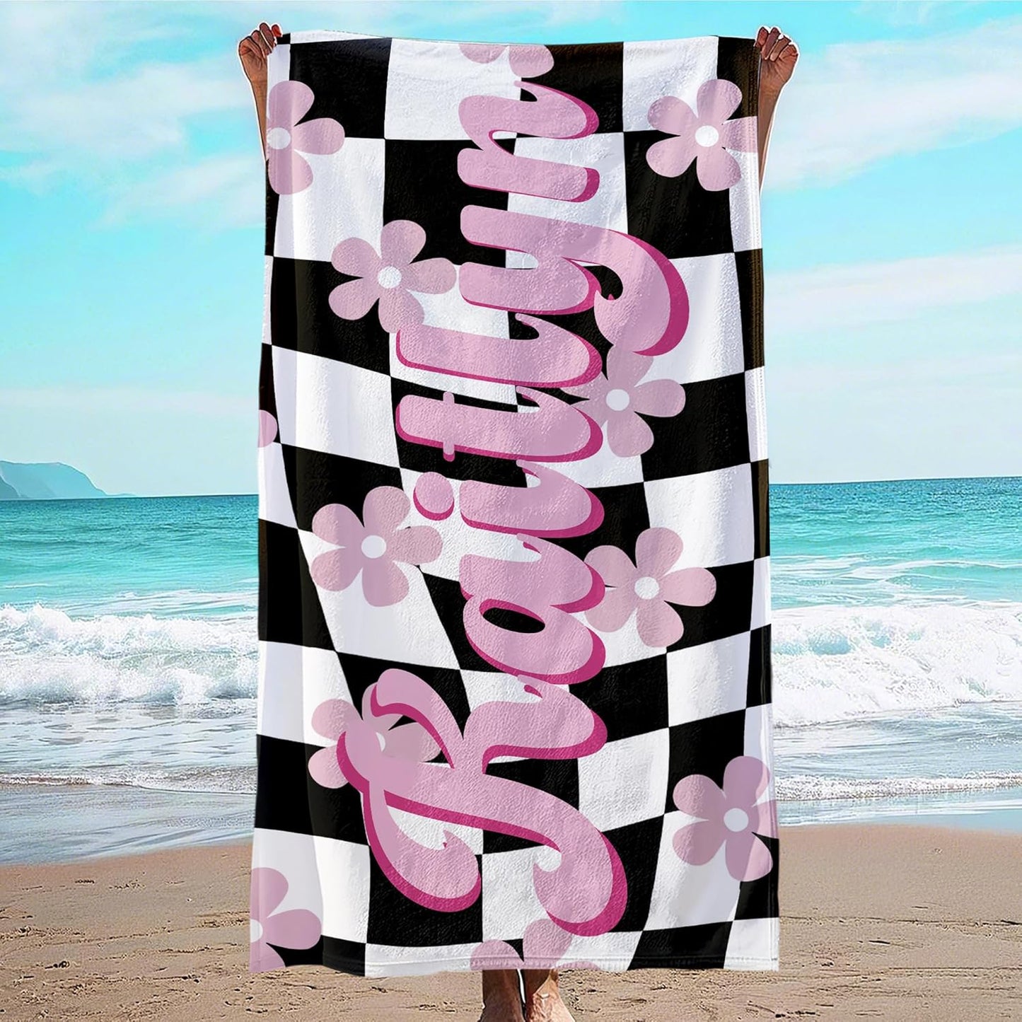 JML Personalized Beach Towel with Name, Custom Flower Beach Towel, Customized Microfiber Pool Towel, Quick Dry & Absorbent Swim Towel for Adult,Mother's Day, Birthday, Summer Holiday,Vacation