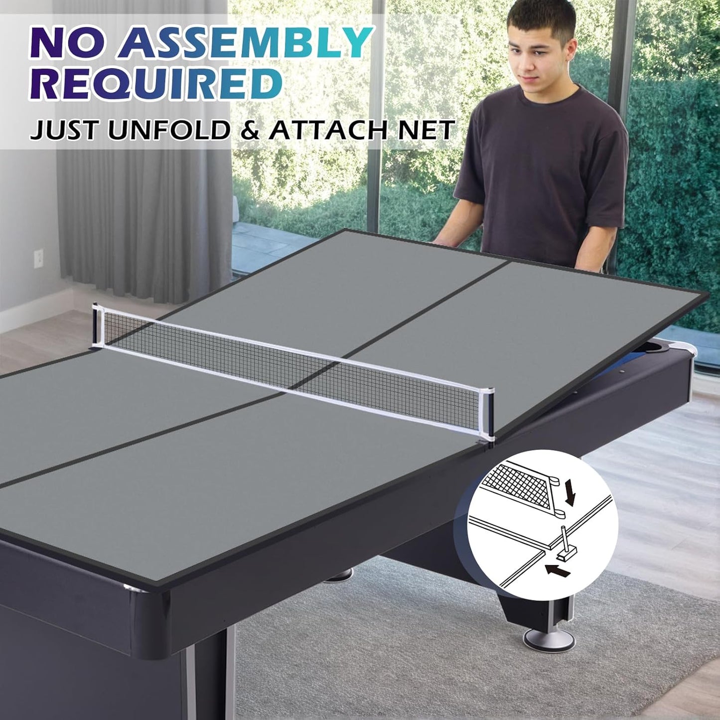 7FT Ping Pong Table Top with Net Set for Pool Table, Foldable Ping Pong Table Topper, Portable Table Tennis Conversion Top Includes Foam Padding for Protection, Easy Conversion
