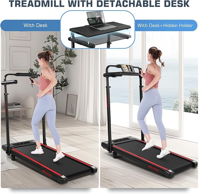 ANCHEER Walking Pad Treadmill with 12% Incline&Adjustable Height, 4 in 1 Under Desk Treadmills with Desk Workstation, Foldable Treadmill for Home 300lb,3 Type Control