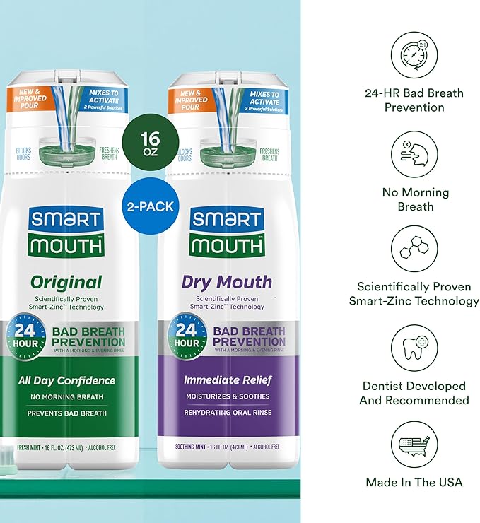 SmartMouth Original & Dry Mouth Activated Mouthwash - Fresh Breath & Dry Mouth Relief - Bad Breath Prevention Mouthwash, 16 fl oz Each