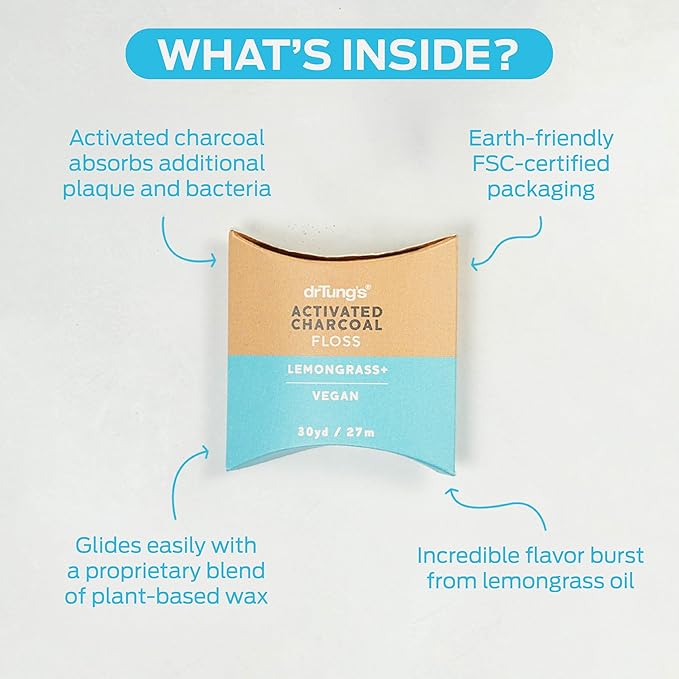 DrTung's Vegan Activated Charcoal Floss - Natural Dental Floss, Gentle on Gums, Expands & Stretches, BPA Free Floss - Lemongrass Flavor (Pack of 1)