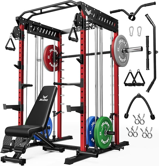 M21 Smith Machine, Multi-Function Power Cage with Dual Pulley Cable Crossover System, 2000LBS All-in-One Squat Rack with Smith Bar and Attachments