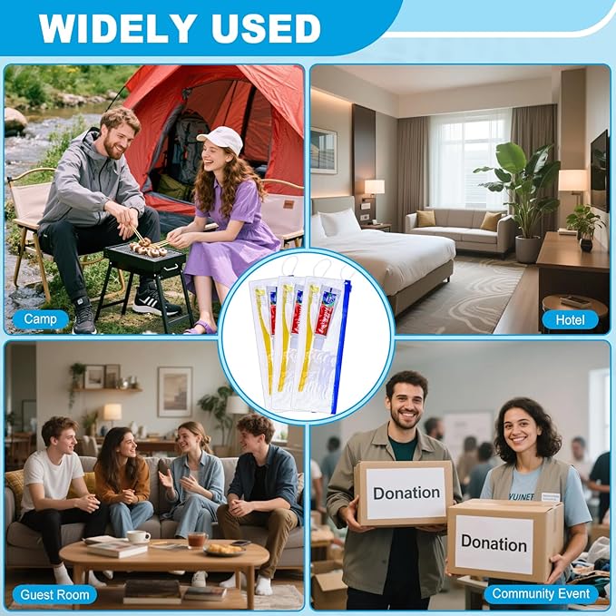 100 pcs Disposable Toothbrushes with Toothpaste and Floss Set,Yellow Individually Wrapped Bulk Single Use Toothbrush Floss Cover Travel Toothbrushes Kit with Zip Bag for Homeless,Hotel,Guest