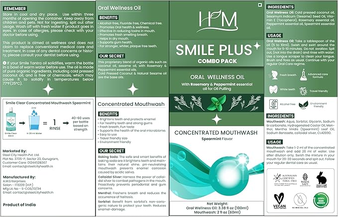 Smile Plus - Oral Wellness Oil (Rosemary and Peppermint) Essential Oils for Oil Pulling - 3.38FL Oz Whitening + Concentrated Mouth Wash, Travel Size - Spearmint Flavor - 60ML (2FL Oz)