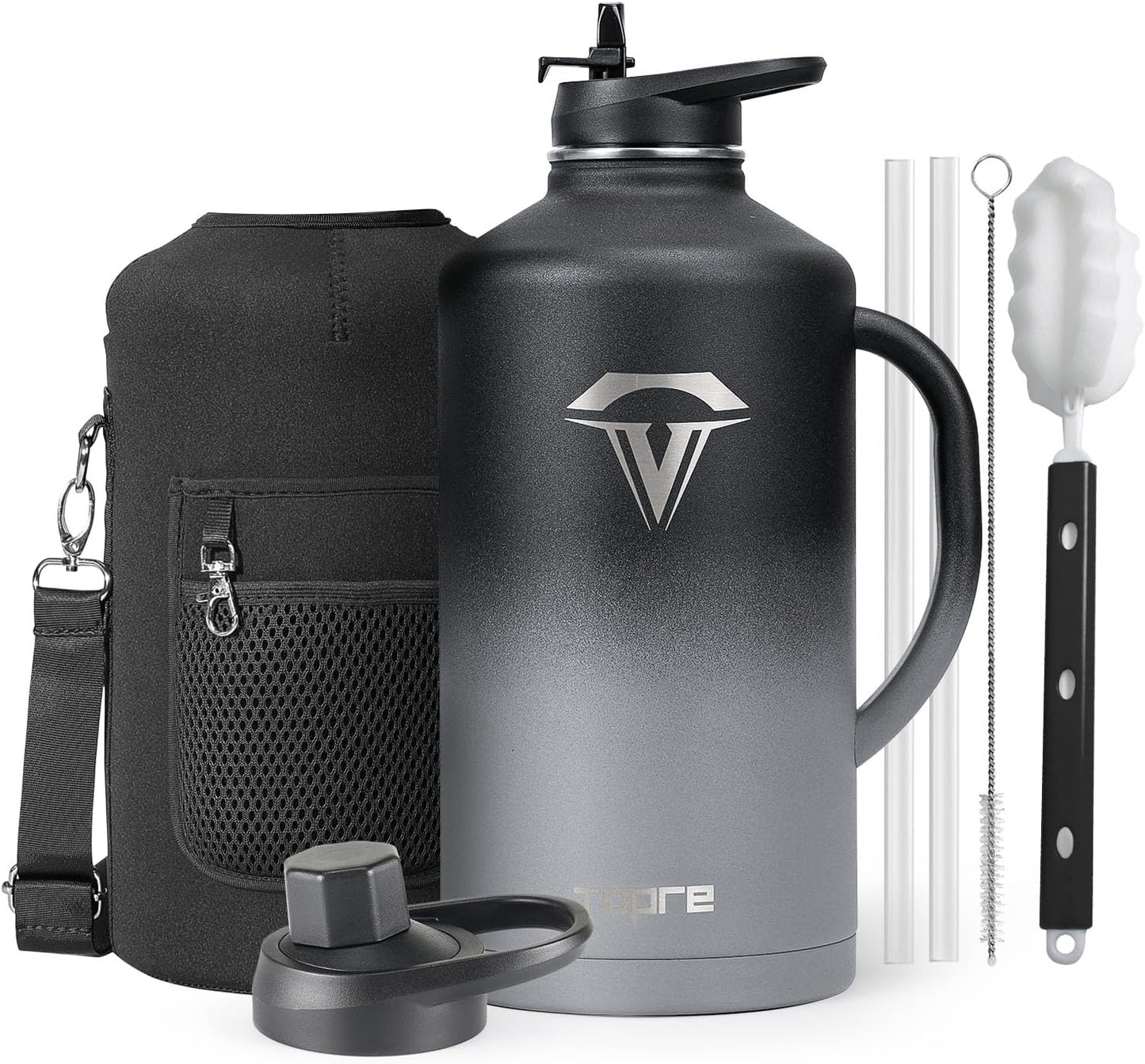 128 oz Insulated Water Bottle with Straw and Lid, One Gallon Stainless Steel Cup with Handle,Leakproof Metal Travel Jug Flask Mug Tumbler Cup With Carry Pouch and Brush,Keep Cold & Hot,Grey