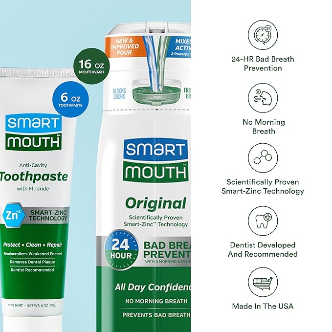 SmartMouth Premium Zinc Ion Toothpaste & Original Activated Mouthwash Combo - Whitening Toothpaste with Fluoride (Mild Mint Flavor) & Adult Mouthwash for Bad Breath (Fresh Mint Flavor)