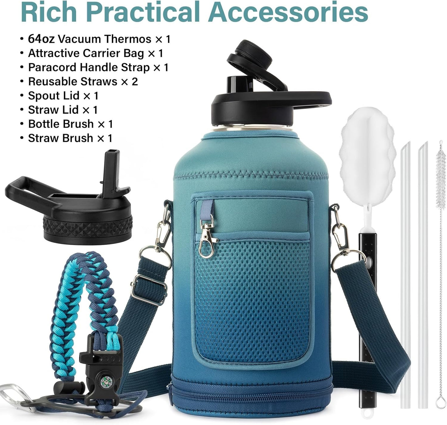 Insulated Water Bottle | Thickened Stainless Steel Vacuum Metal | Portable Sports Half Gallon Large Water Jug for Gym and Hiking with Straw, Carrier Bag, Handle Strap | BPA-Free 64 oz