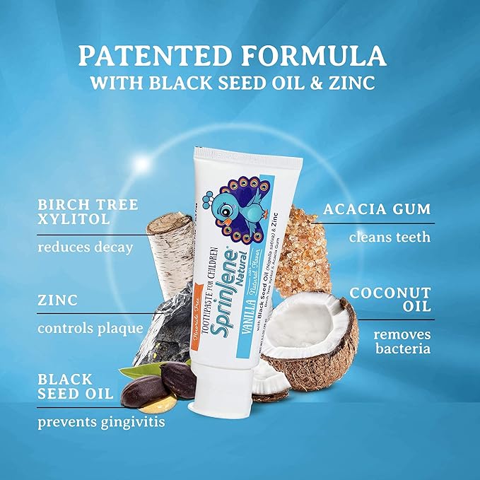 SprinJene Natural Children’s Toothpaste – Fluoride Free Vanilla Toothpaste for Toddlers & Kids – Gentle Safe Natural Formula with Patented Black Seed Oil & Zinc – Made in The USA (4 Pack)