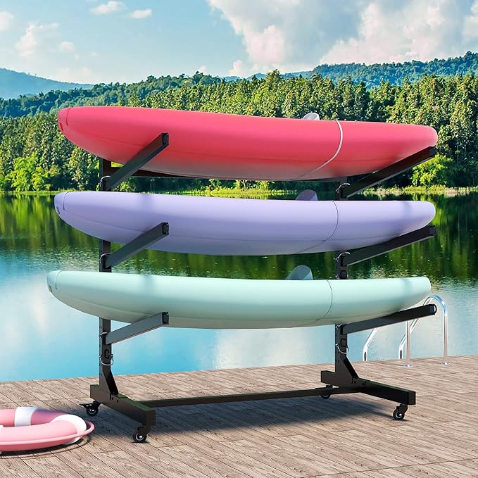 Kayak Storage Rack, Heavy Duty Kayak Stand Canoe Rack with Wheels, Freestanding Kayak Holder Stand for Kayaks, Canoes, Surfboard, Paddleboard Storage