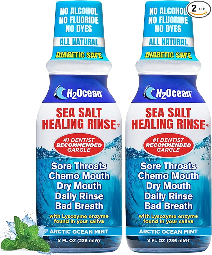 H2Ocean Healing Rinse Mouthwash - Great Tasting Sea Salt & Xylitol Mouth Wash for Fresh Breath & Dry Mouth - Alcohol & Fluoride Free - Arctic Ocean Mint 8oz (Pack of 2)