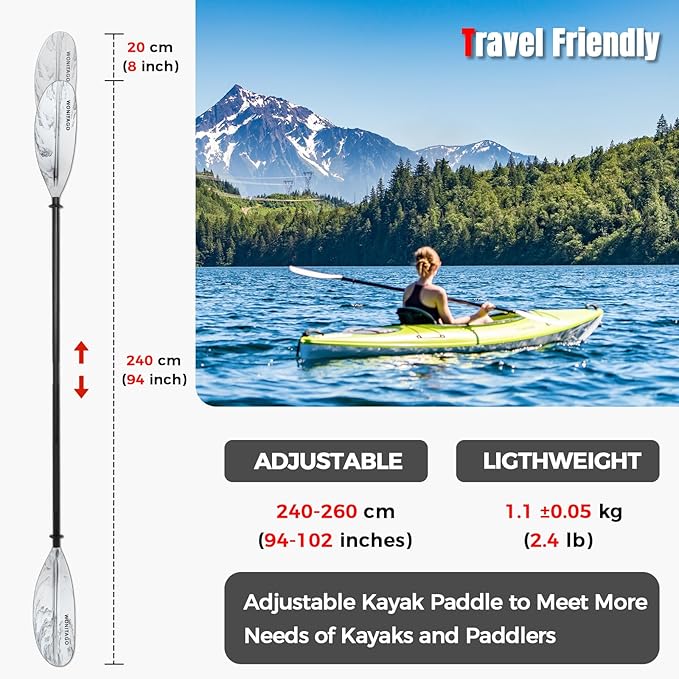 Kayak Paddles with Alloy Shaft and PP Blade, Floating Kayaking Oars, Adjustable 230-250 cm/90-98 Inches, 210-230 cm/82-90 Inches