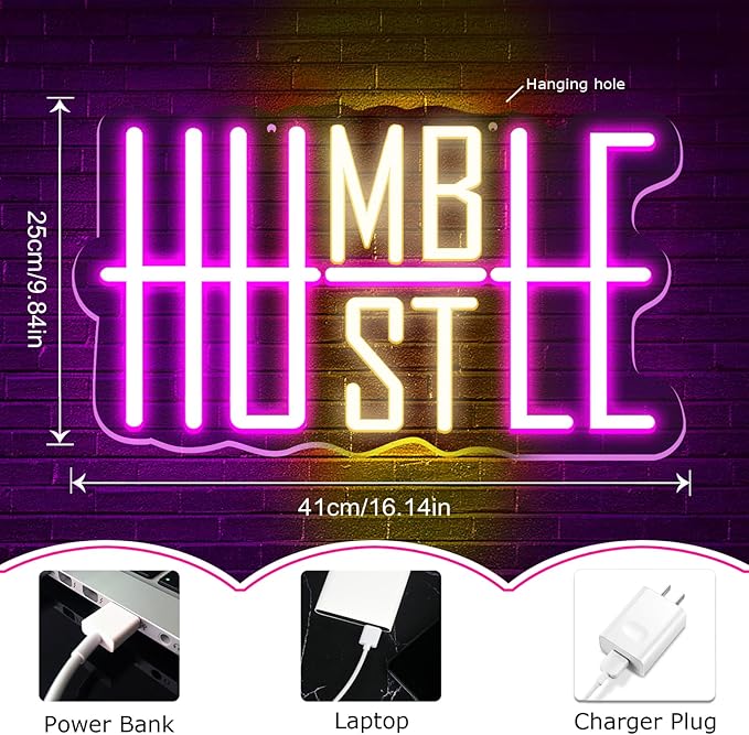LED Neon Sign HUSTLE Neon Light Christmas Wedding Party Decoration Wall Neon Lamp USB Powered Children Bedroom Night Light Gift (HUSTLE)
