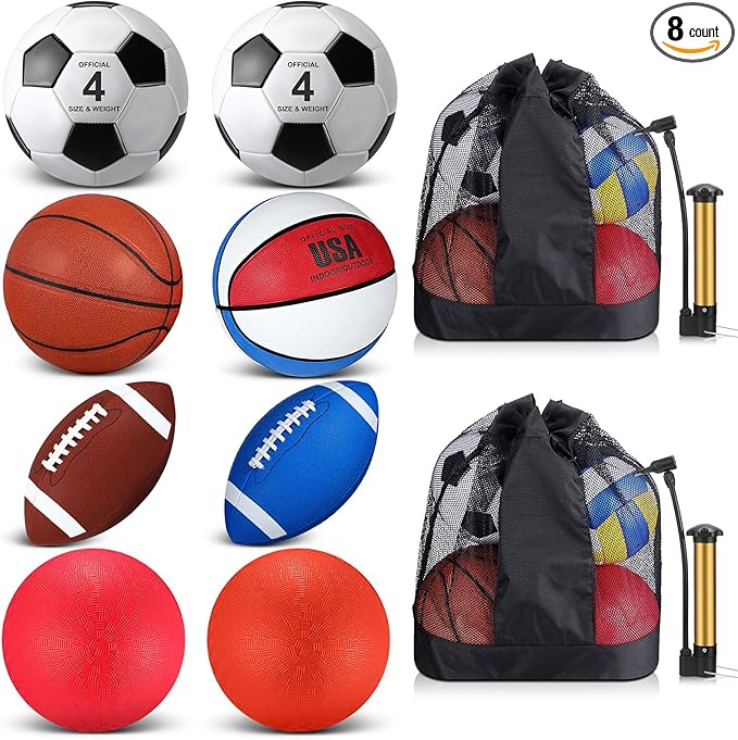 Liliful 8 Pcs Sport Balls Set with Pump Mesh Bag Gifts for Kid Teen Operation Christmas Basketball Soccer Football Playground Ball for Christian Charity Donation Student Team PE Class