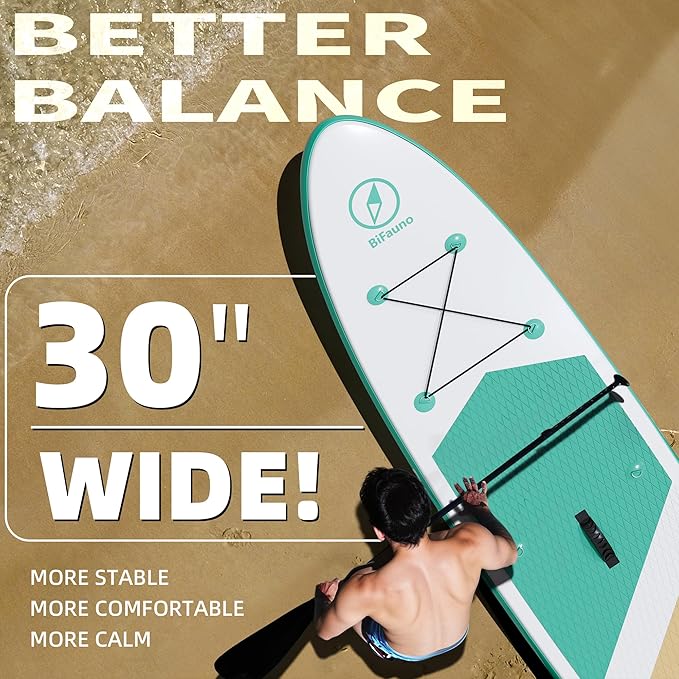 Inflatable Stand Up Paddle Board with SUP Accessories & Backpack. Paddle Boards for Adults. Non-Slip Deck, Wide Stance, Bottom Fin, Double Action Pump.