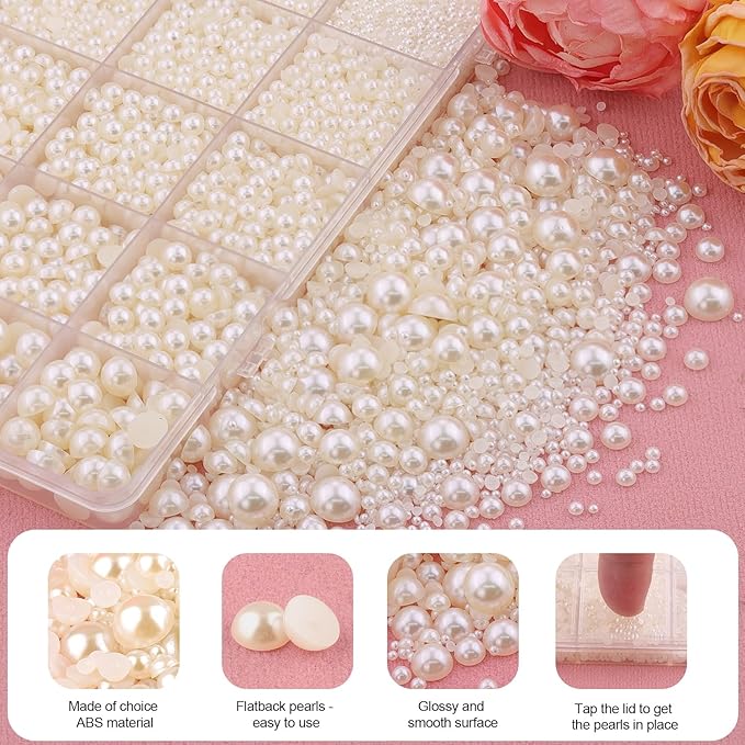 13500Pcs Flatback Pearls for Bedazzling (Beige) with 3Pcs B7000 Jewelry Glue, Assorted Size 2/3/4/5/6/8/10mm Half Pearl, Bedazzling Gems for Crafting Clothing Tumbler Shoes Embellishment Nail Art