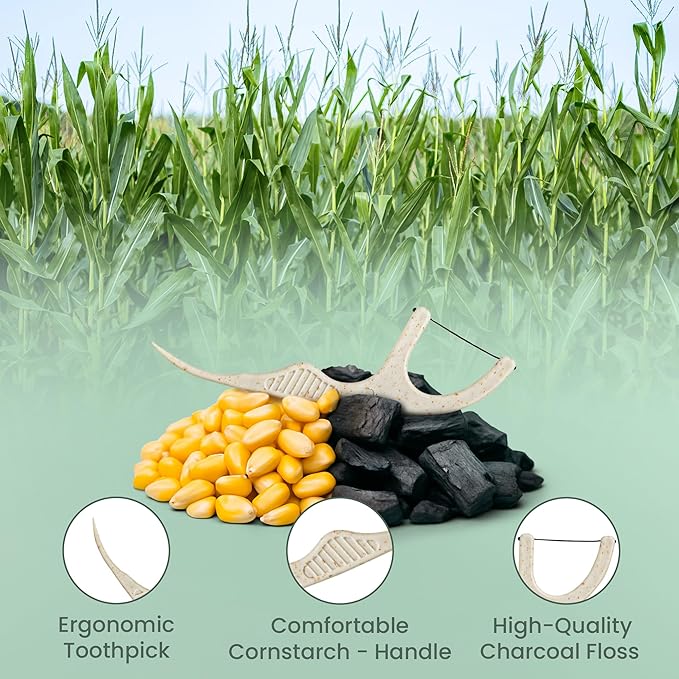 Natural Dental Floss Picks 75 Pack – Organic Biodegradable Floss Sticks with Strong Bamboo Charcoal Thread & Vegan Cornstarch Handle – No Plastics, No Artificial Flavours - Kraft Paper Box