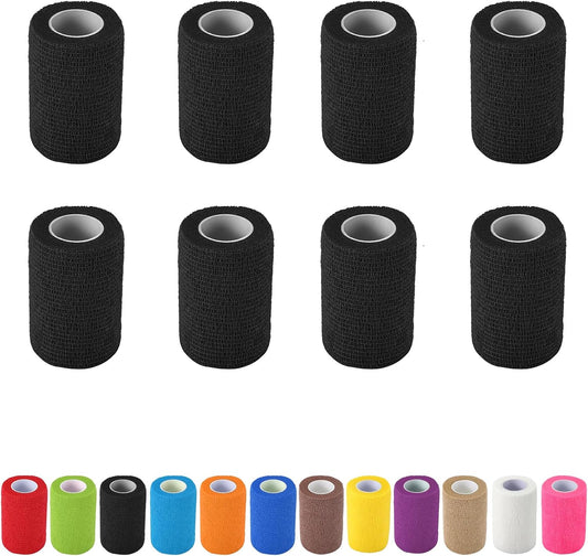 8 Pack Self Adhesive Bandage Wrap, 3 in x 5 Yards Non-Woven Self Adherent Cohesive Bandage, Vet Wrap Wound Tape for Thumb Finger Wrist Knee Ankle, Black