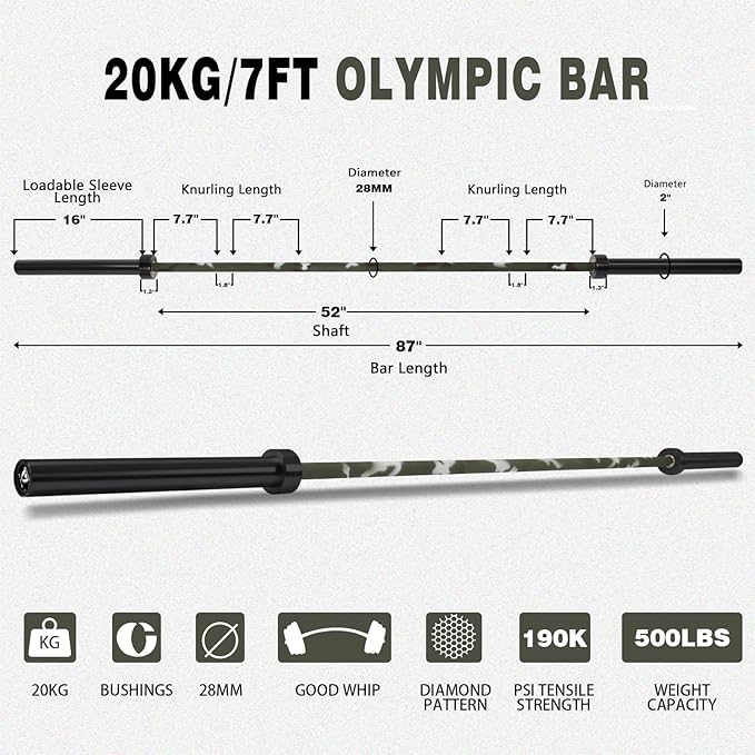 7ft Olympic Barbell for Strength Training and Olympic Weightlifting, 500 700 1000LBS Capacity Available, 2 Inch Bar for Squats, Home Gym Fitness Equipment, Bench Press, Deadlift,Powerlifting