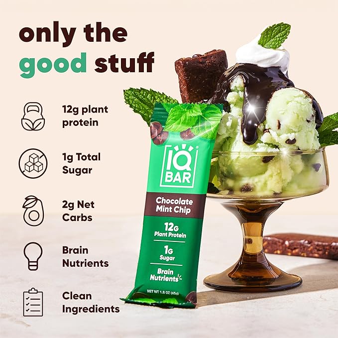 IQBAR Brain and Body Plant Protein Bars - Chocolate Mint Chip - 36-Count Low Carb - Gluten Free, High Fiber, Vegan Snacks - Low Sugar Meal Replacement