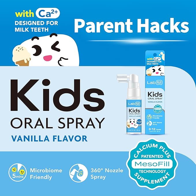 LAB52 Kids Oral Spray, Toddler Toothpaste Helper for Daily Oral Care and Fresh Breath, Children Approved with Fluoride Free for Newborn to Preschoolers, Xylitol Vanilla Flavor