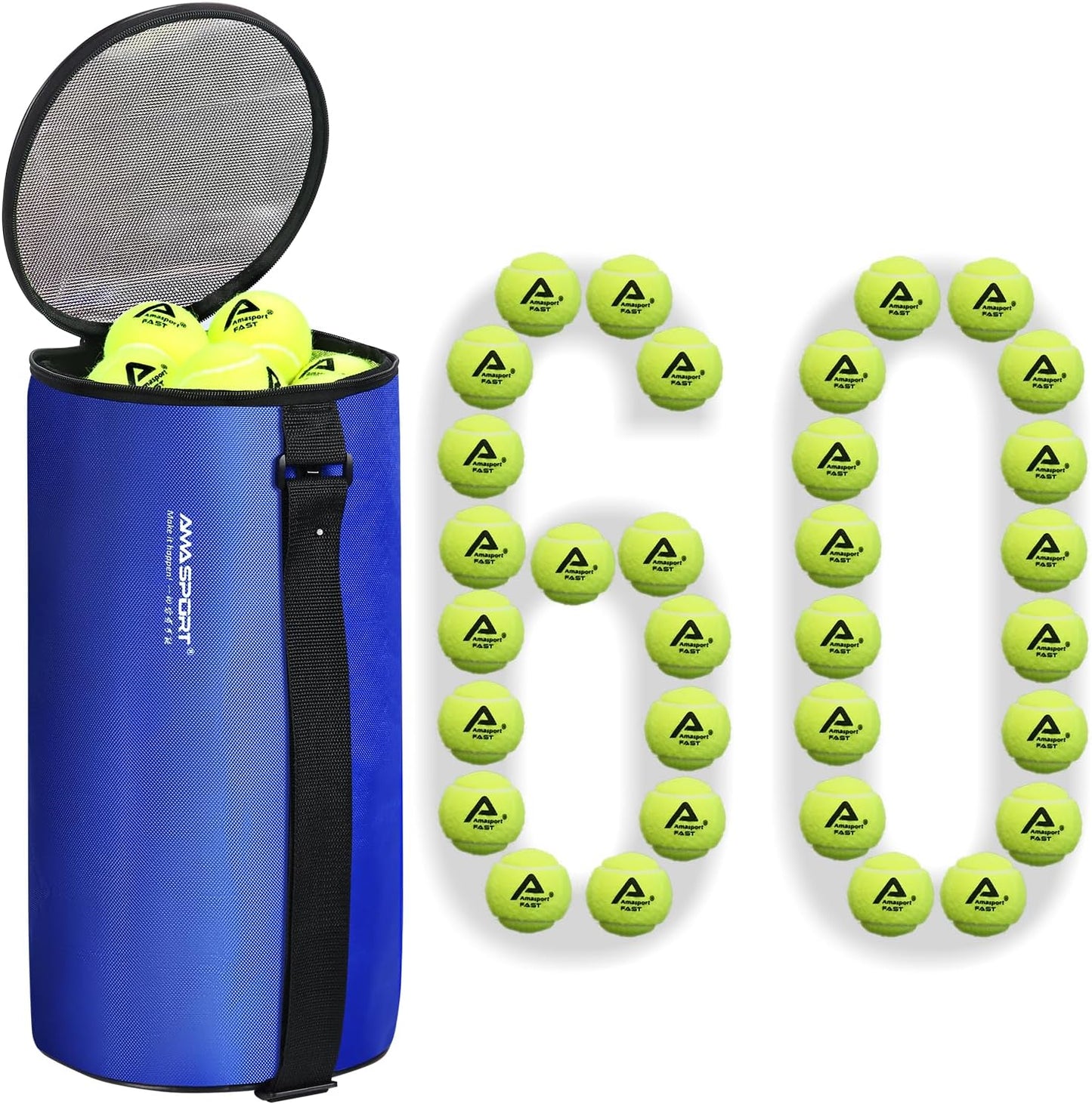 LITIAN Bulk Tennis Balls with Hopper Bag - 60 Pack Bucket High Elasticity Pressureless Practice Tennis Balls, Perfect for Training & Pet Dogs Play