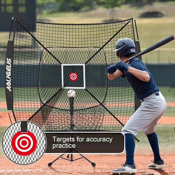 6'X6' Baseball Softball Practice Net with Batting Tee and Ball Caddy, Bonus Strike Zone Target and Bow Frame, for Hitting, Pitching, Catching