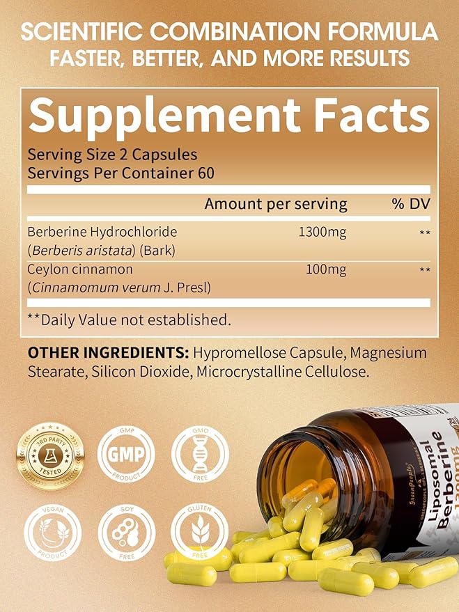 Liposomal Berberine HCL1300mg - Berberine Supplement with Ceylon Cinnamon Activates GLP-1 & AMPK - High Absorption Formula Healthy Weight Support – Non-GMO/Vegan – 60-Day