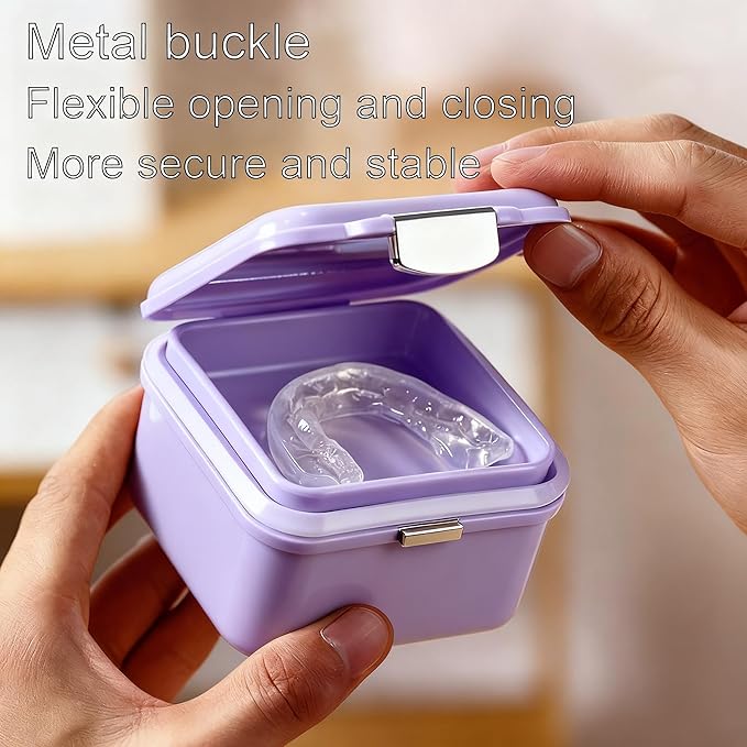 Denture Bath Case, Denture Soaking Container Denture Cup Soaking Holder Mouth Guard Denture Box Denture Baths Cleaning with Lid Waterproof （Purple）