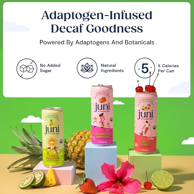 Juni Sparkling Adaptogen Drink with Ashwagandha, Lion’s Mane & Reishi Mushrooms | Green Tea for Focus, Zero Sugar, 5 Calories | Decaffeinated, Non Alcoholic Drinks - Yuzu Pineapple 12 pack