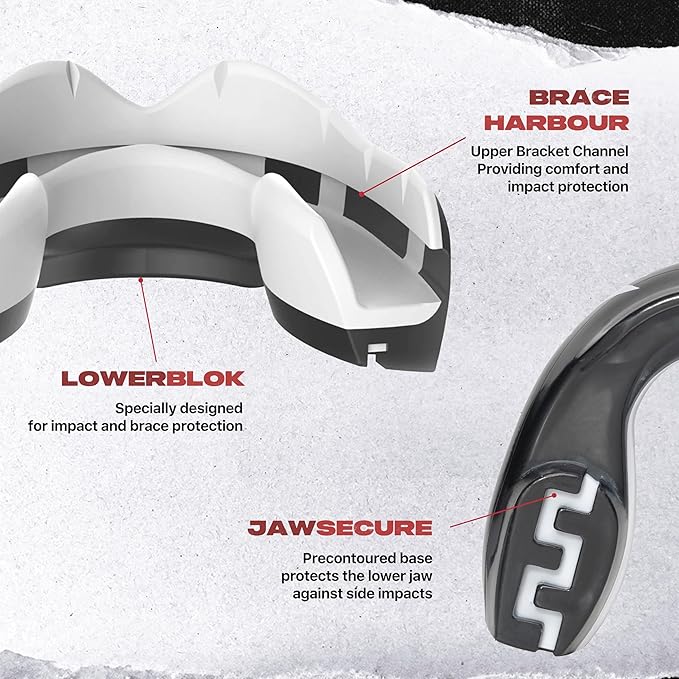 SAFEJAWZ Mouthguard for Braces, Upper & Lower Protection Remoldable Mouth Guard with Case for Boxing, Basketball, Football, MMA, Lacrosse, Hockey and All Contact Sports One Size (Fangz)