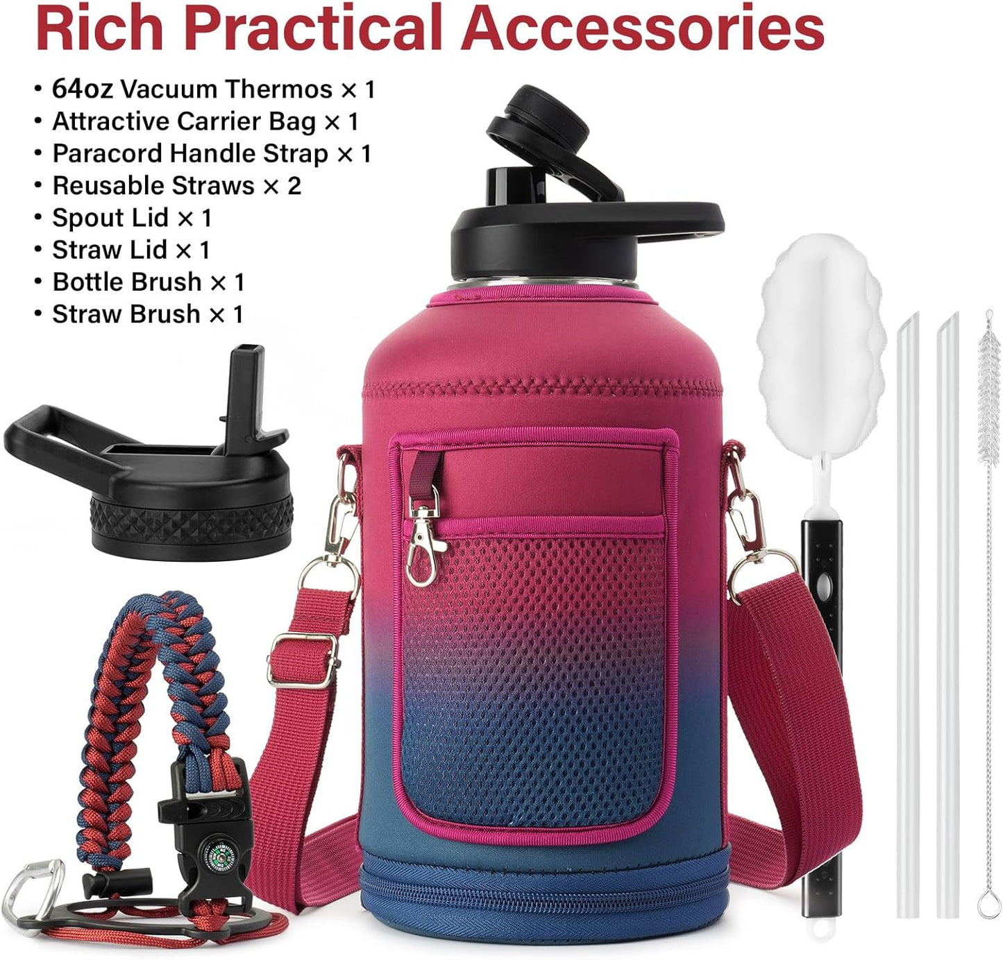 Insulated Water Bottle | Thickened Stainless Steel Vacuum Metal | Portable Sports Half Gallon Large Water Jug for Gym and Hiking with Straw, Carrier Bag, Handle Strap | BPA-Free 64 oz