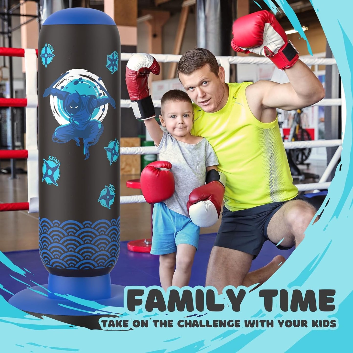 Inflatable Punching Bag for Kids, Tall Larger 66 Inch Stable Boxing Bag for Teens, Ninja Shuriken Toy Gifts for Boys Girls, Boxing Set with Gloves and Pump for Practicing Karate Taekwondo