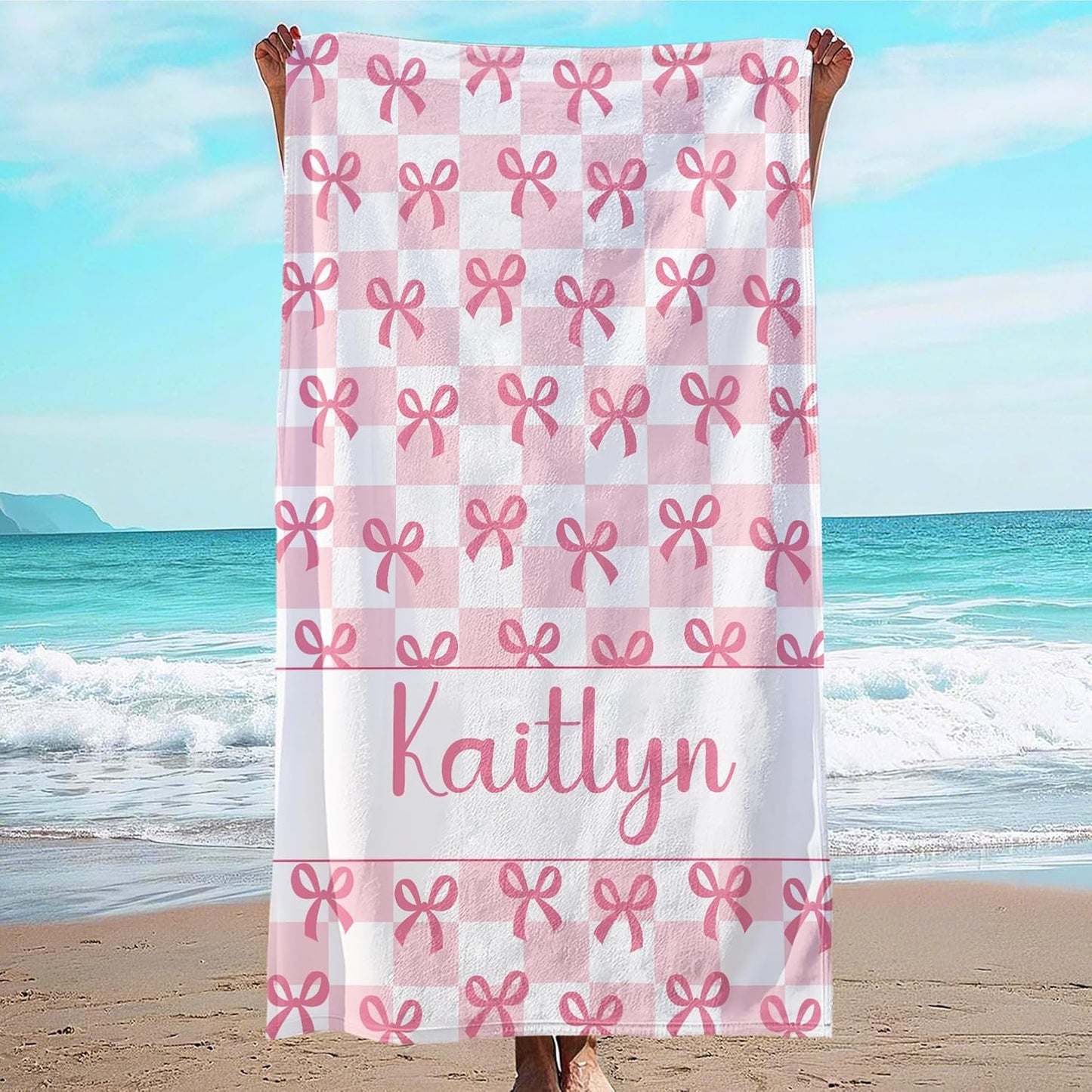 JML Personalized Beach Towel with Name, Custom Beach Towel with Text, Customized Bow Microfiber Pool Towel, Quick Dry & Absorbent Swim Towel for Adult,Anniversary, Birthday, Summer Holiday,Vacation