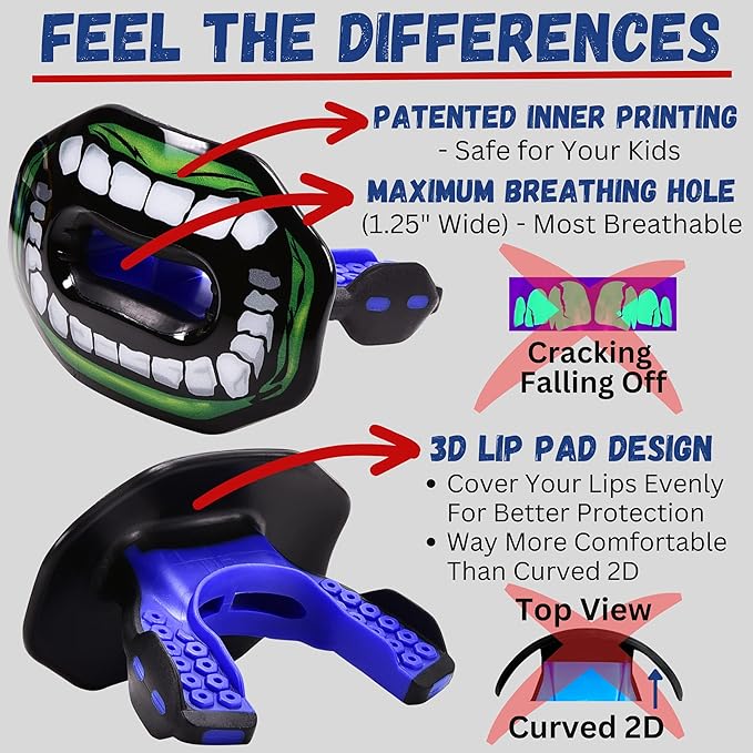 Oral Mart Flag Football Mouth Guard with 3D LipFit Design for Kids - Youth Tackle Football Mouthguard (No Boil) Cool Instant Fit Lip Guard Mouthpiece for Braces (Detachable Helmet Strap Included)