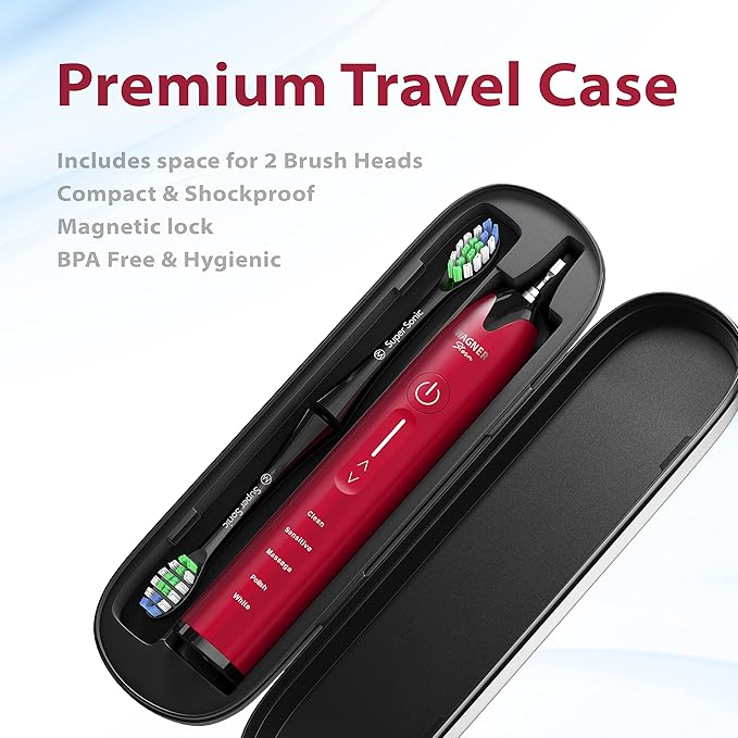 Wagner Stern Ultrasonic whitening Toothbrush with Pressure Sensor. 5 Brushing Modes and 4 Levels of Intensity, 8 Soft bristles, Travel case.
