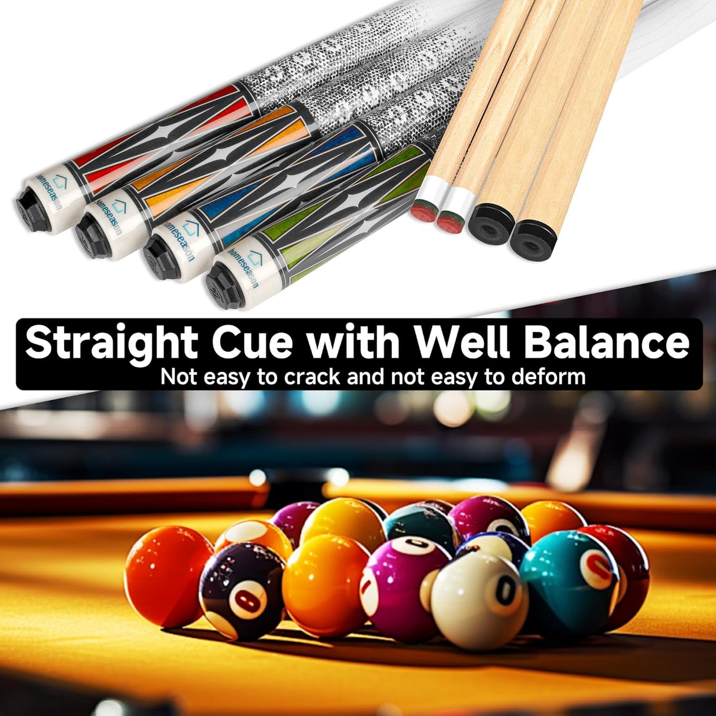 HomeSeason Pool Cue Stick 58" Billiard Cue Sticks 3D Printed Grip Professional Low Deflection Pool Sticks Maple Wood Pool Sticks 13mm Tip
