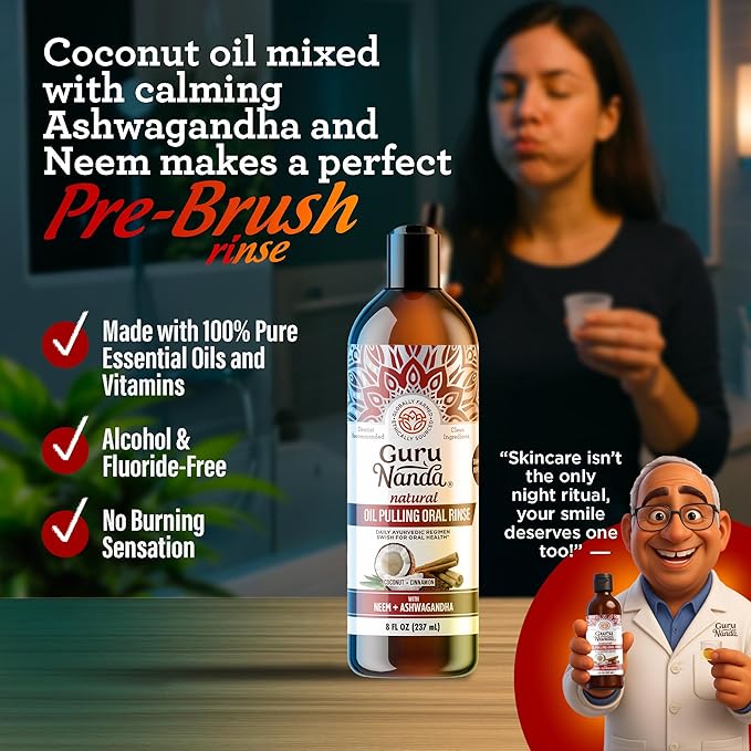 GuruNanda Cinnamon Oil Pulling Mouthwash, Promotes Calmness, with Neem & Ashwagandha for Fresh Breath & Happy Gums, Alcohol-Free, with Toothbrush & Tongue Scraper, 8 Oz
