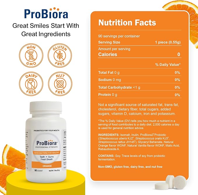 ProBiora Professional Strength Oral Probiotics for Teeth and Gums | Dental Probiotic for Oral Health | Bad Breath Treatment for Adults | Tooth Whitening | ProBiora3 Probiotic Blend | 90 Orange Tablets